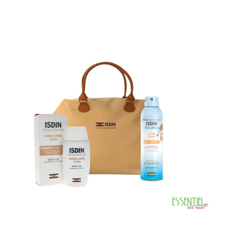 ISDIN pack famille spray pediatrics solaire SPF 50+ 250ML+ecran solaire active unify color spf 50+ +sac de plage (offert)