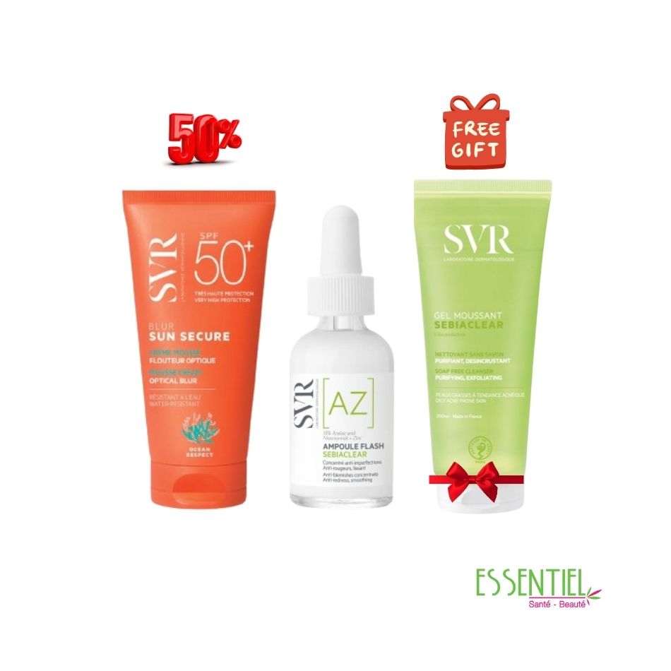 Coffret SVR SEBIACLEAR ampoule Flash AZ + SVR blur SPF 50 + gel nettoyant 55 ml gratuit