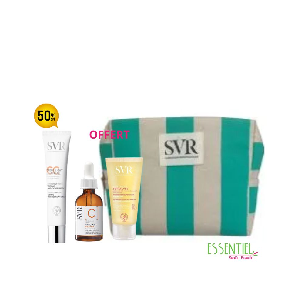 SVR PACK ECLAT AMPOULE C ANTI OX +CLAIRIAL SPF 50 + TOPIALYSE HUILE ET TROUSSE OFFERT