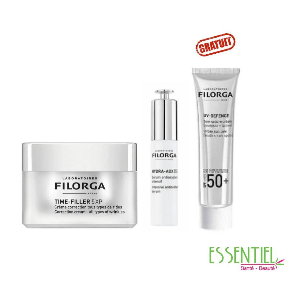 Pack Filorga Time filler 5 xp + Filorga anti aox +FILORGA UV DEFENCE SOIN SOLAIRE ANTI-AGE ANTI-TACHES GRATUIT