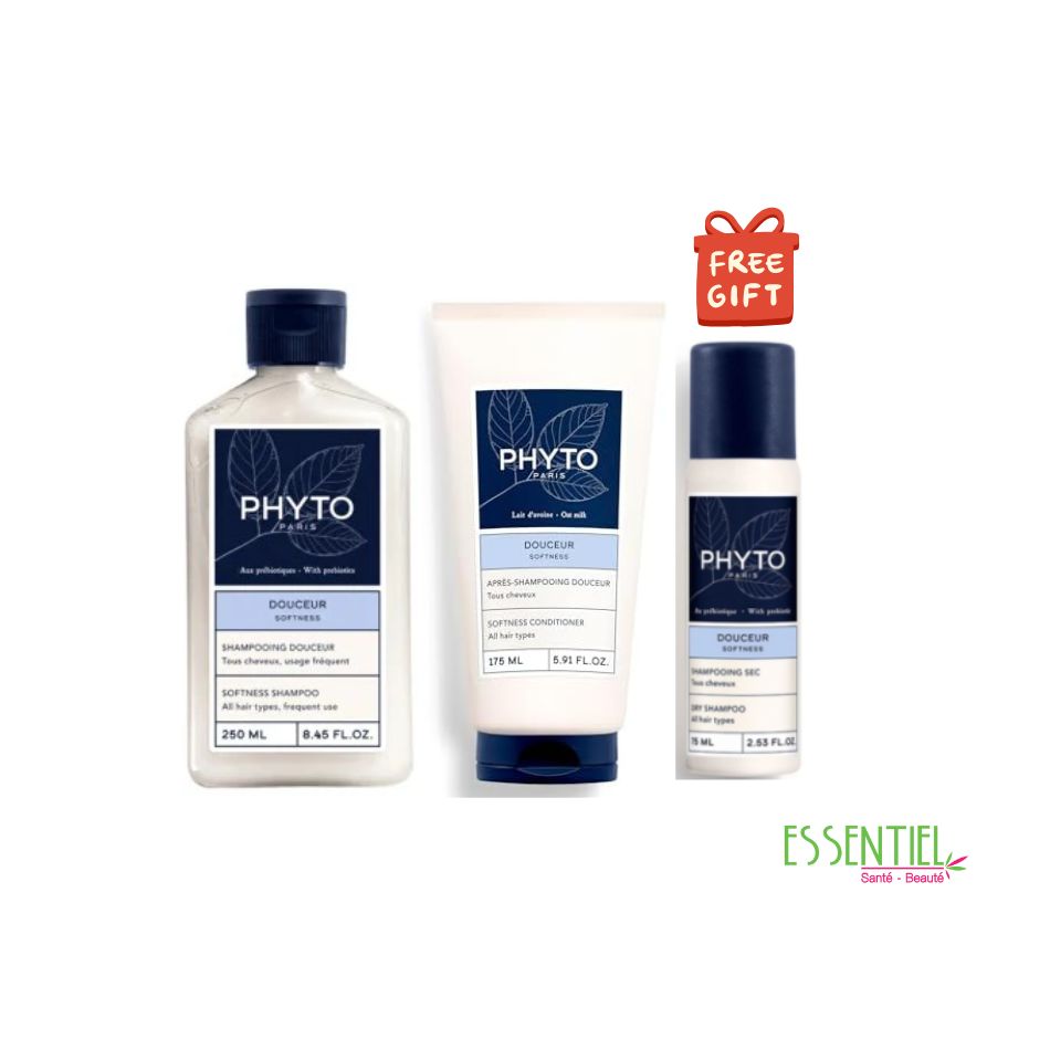 phyto pack douceur shampooing 250ml+demelant 175ml+shampooing sec 75ml offert