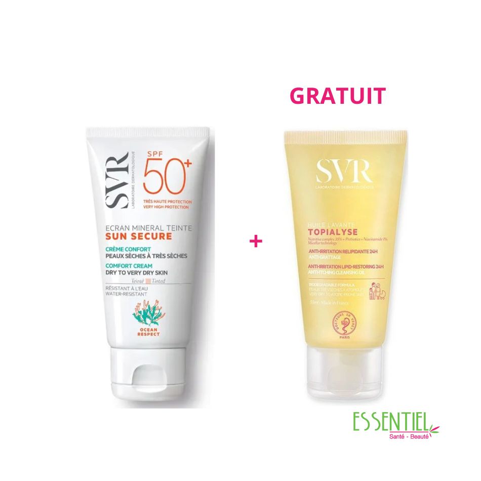SVR SUN SECURE Écran Minéral Teinté Peaux sèches à très sèches + huile lavante 55ml gratuit