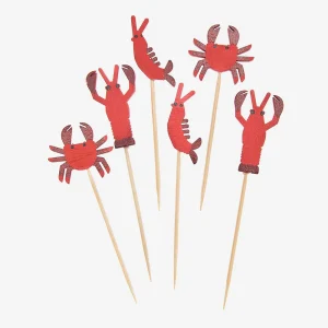 6 toppers animaux marins rouges en bois